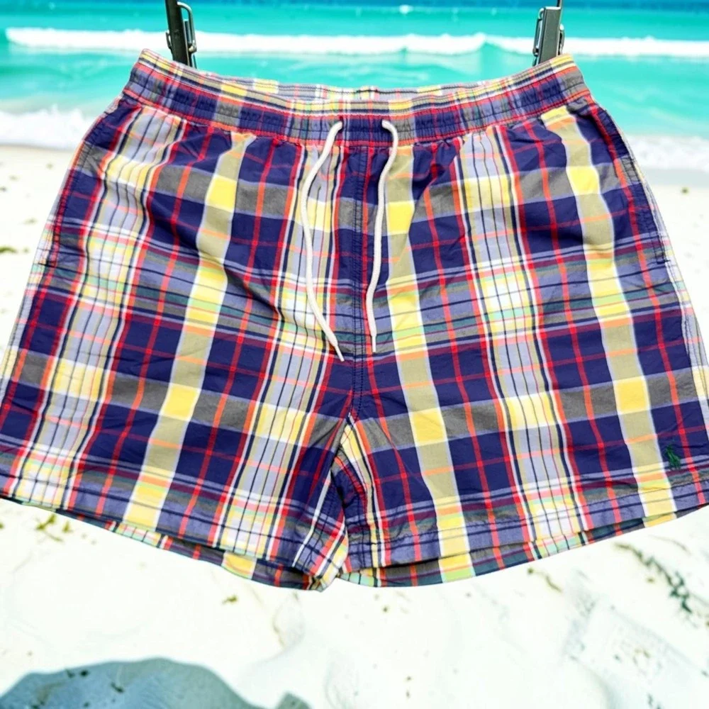 Vintage Polo Ralph Lauren Swim Trunks Men XL Madras Plaid Lined‎ Mesh Shorts 90s